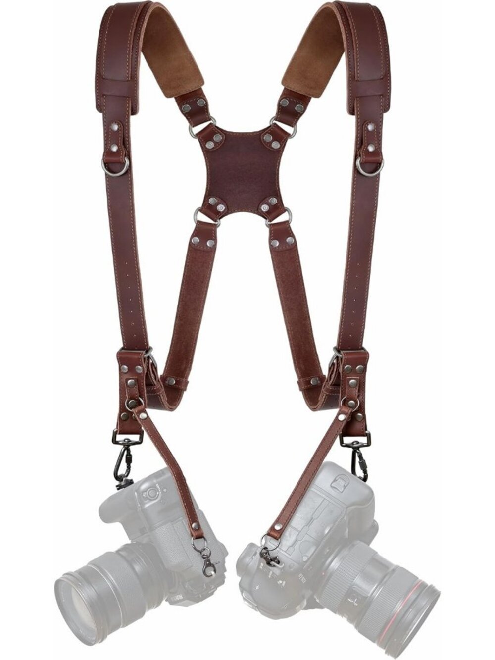 Dark Brown Dual Camera Harness - Padded Wide Strap, Full Grain Leather, DSLR